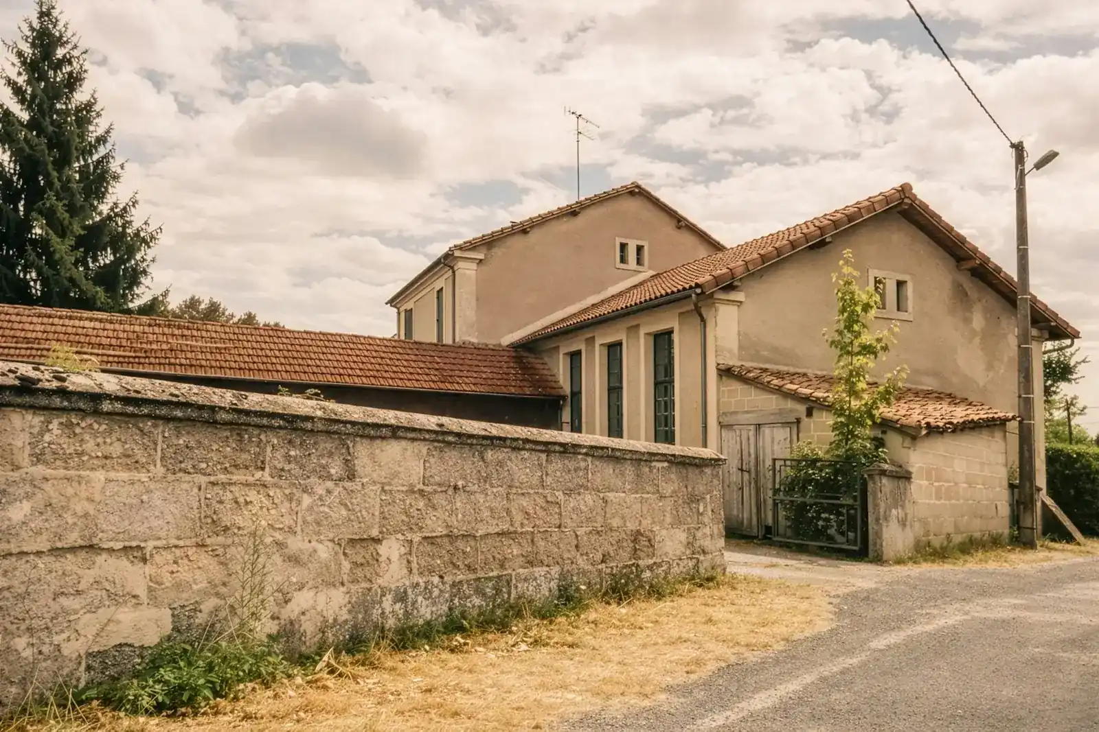 Maison de campagne en pierre derrière un mur de pierre